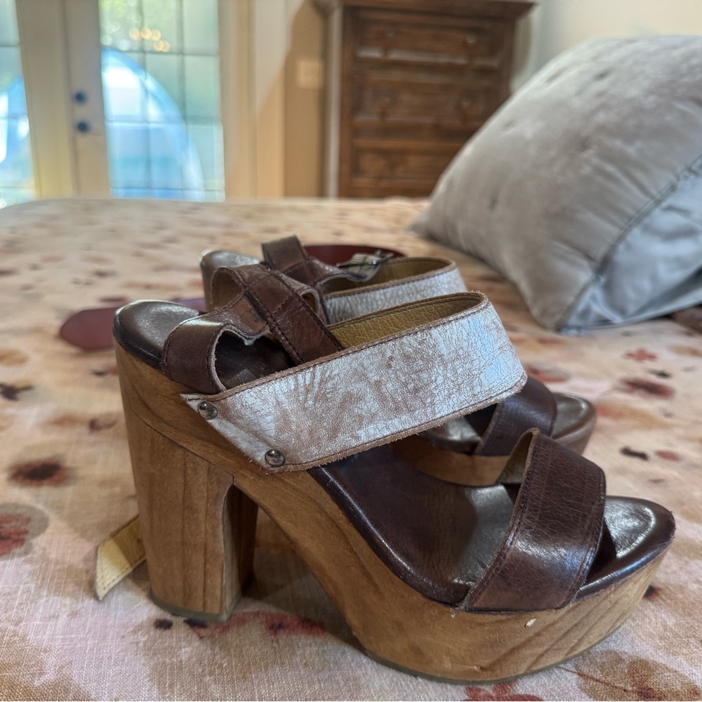 Bed Stu Brown and Silver Chunky Heel Sandals